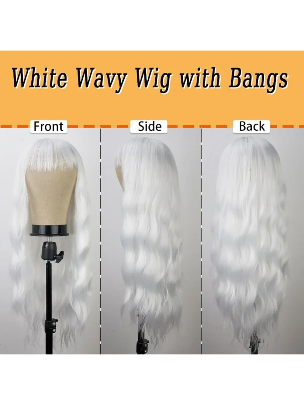 Women's White 26 Inch Natural Looking Synthetic Fiber Long Wavy Wigs Bangs